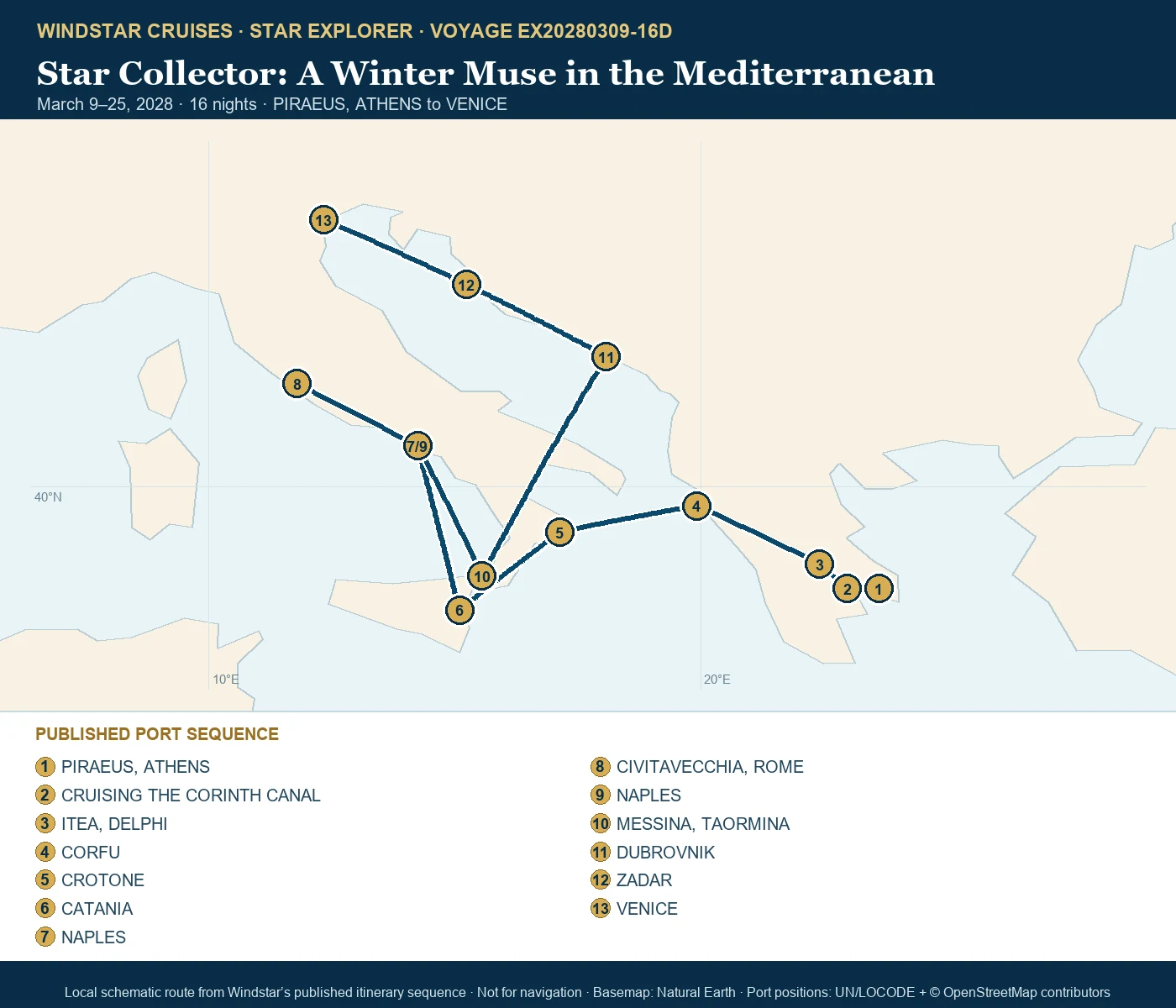 Star Explorer March 9-25 2028 route map from PIRAEUS, ATHENS to VENICE