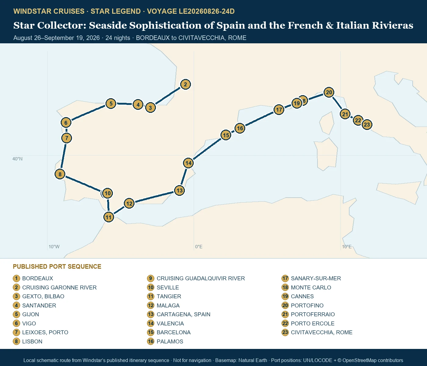Star Legend August 26-September 19 2026 route map from BORDEAUX to CIVITAVECCHIA, ROME