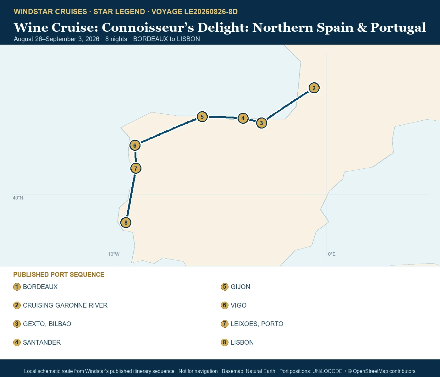 Star Legend August 26-September 3 2026 route map from BORDEAUX to LISBON