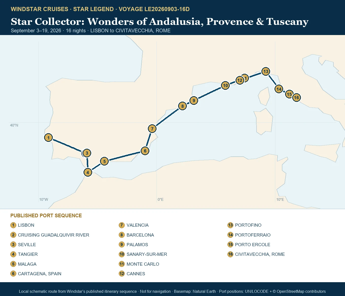 Star Legend September 3-19 2026 route map from LISBON to CIVITAVECCHIA, ROME