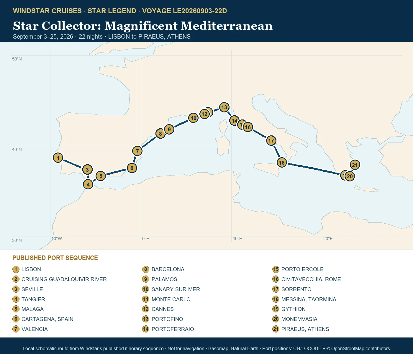 Star Legend September 3-25 2026 route map from LISBON to PIRAEUS, ATHENS