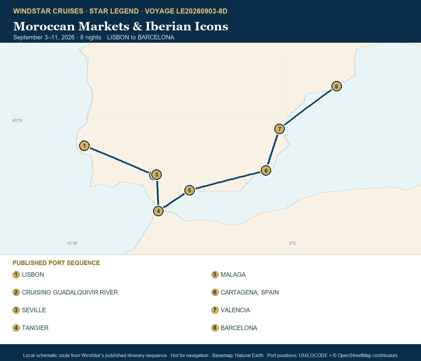 Star Legend September 3-11 2026 route map from LISBON to BARCELONA