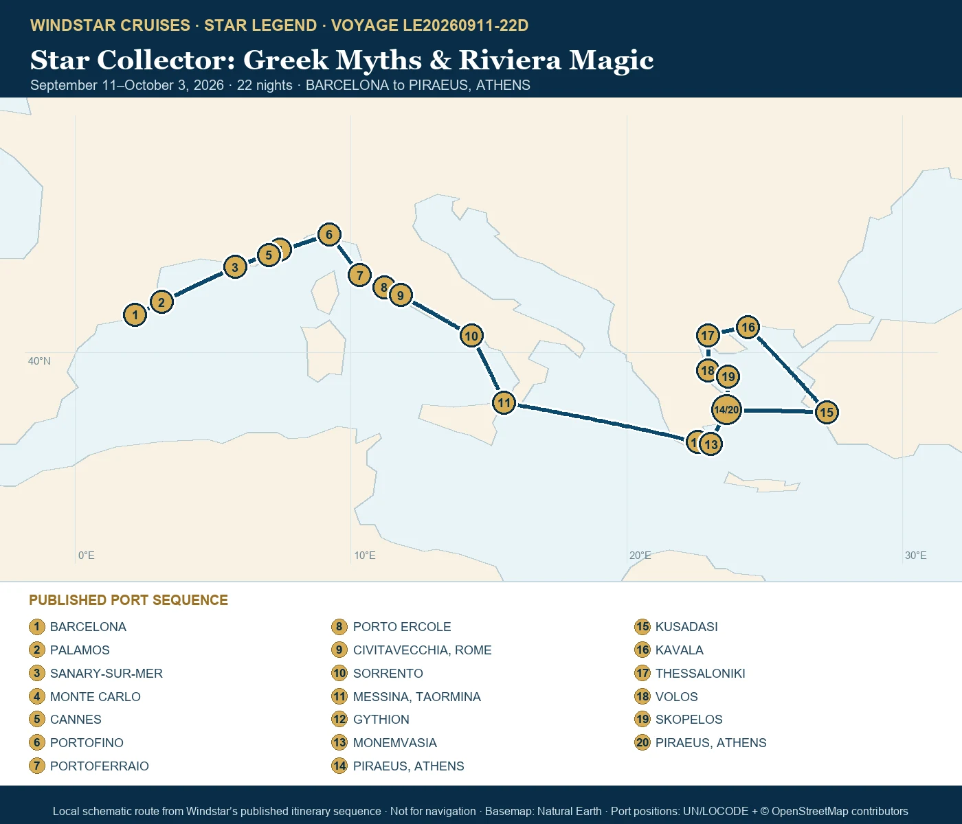 Star Legend September 11-October 3 2026 route map from BARCELONA to PIRAEUS, ATHENS