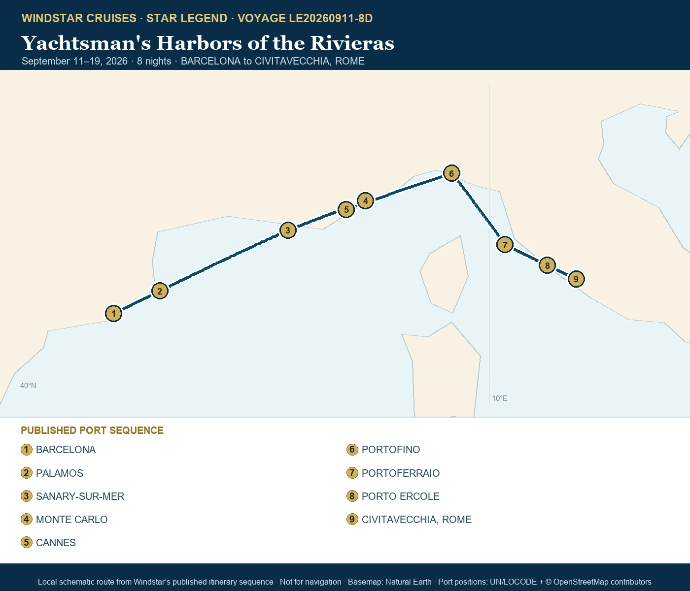 Star Legend September 11-19 2026 route map from BARCELONA to CIVITAVECCHIA, ROME