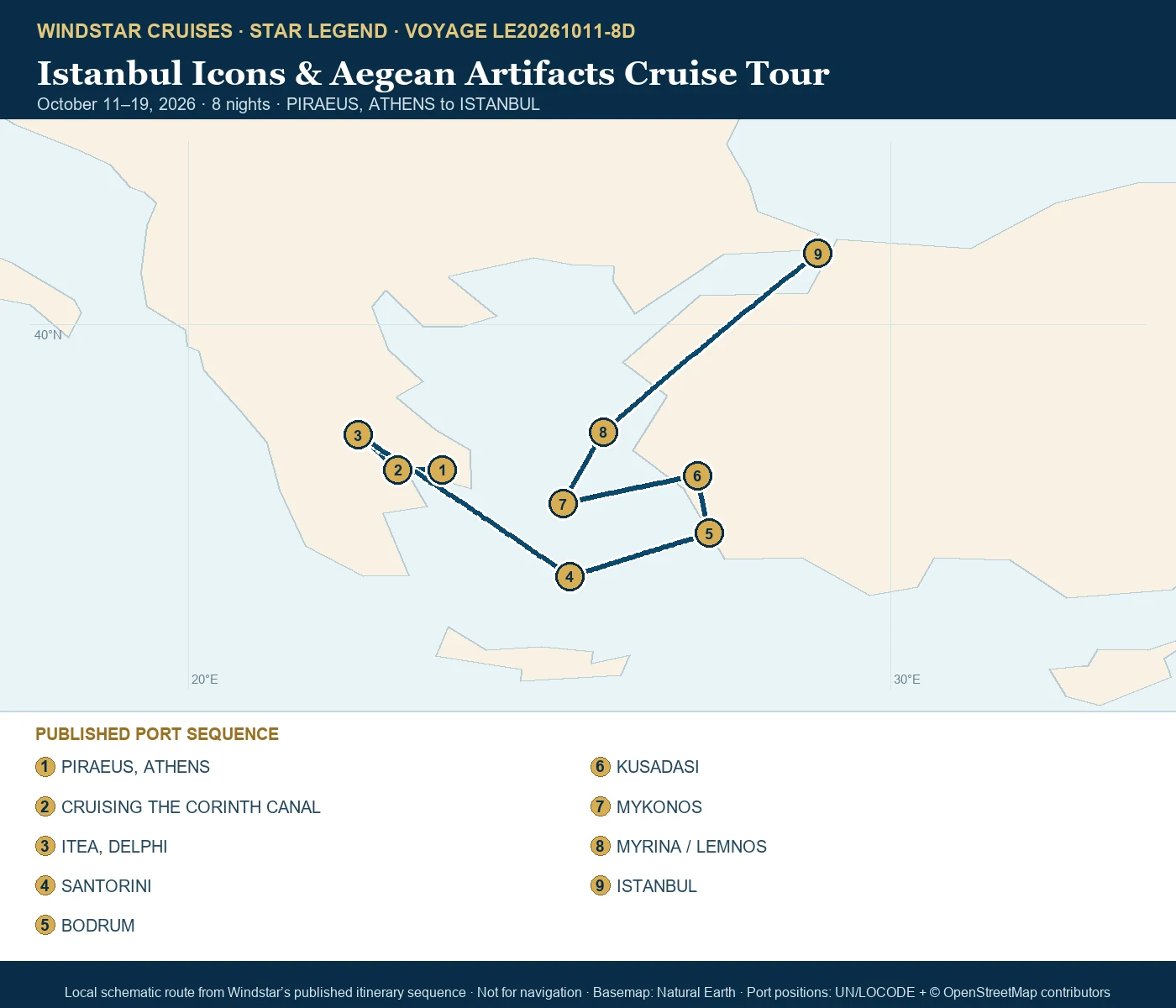 Star Legend October 11-19 2026 route map from PIRAEUS, ATHENS to ISTANBUL