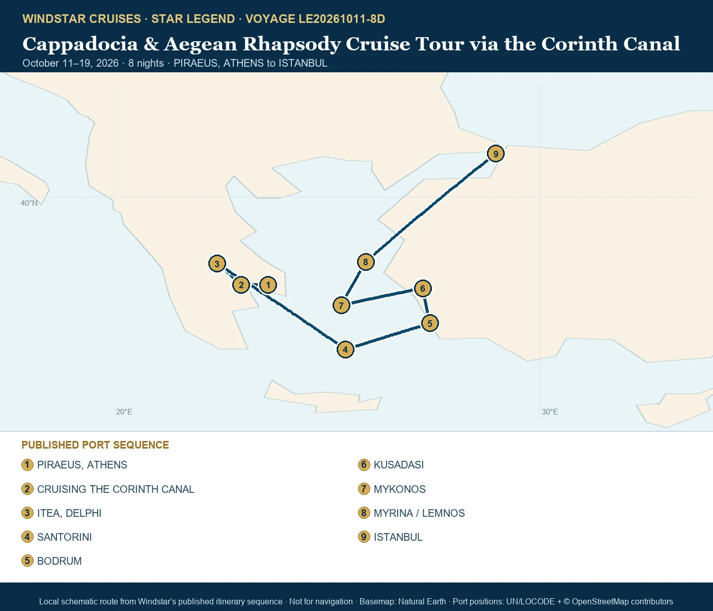 Star Legend October 11-19 2026 route map from PIRAEUS, ATHENS to ISTANBUL
