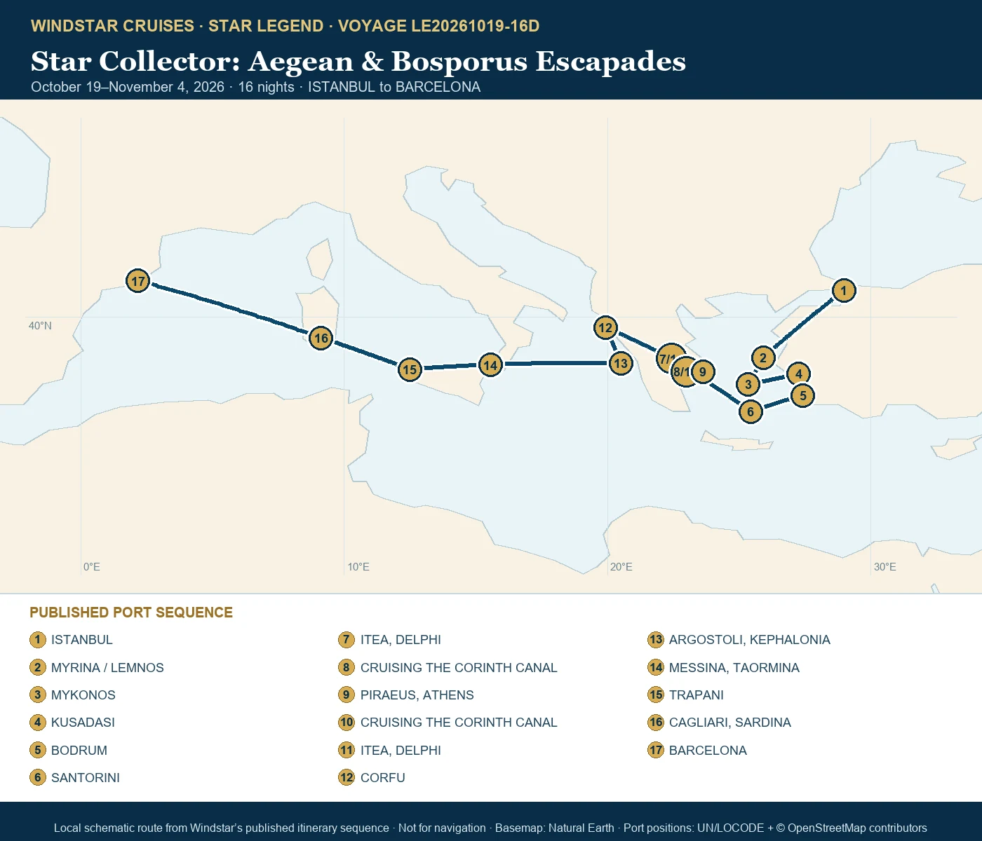Star Legend October 19-November 4 2026 route map from ISTANBUL to BARCELONA