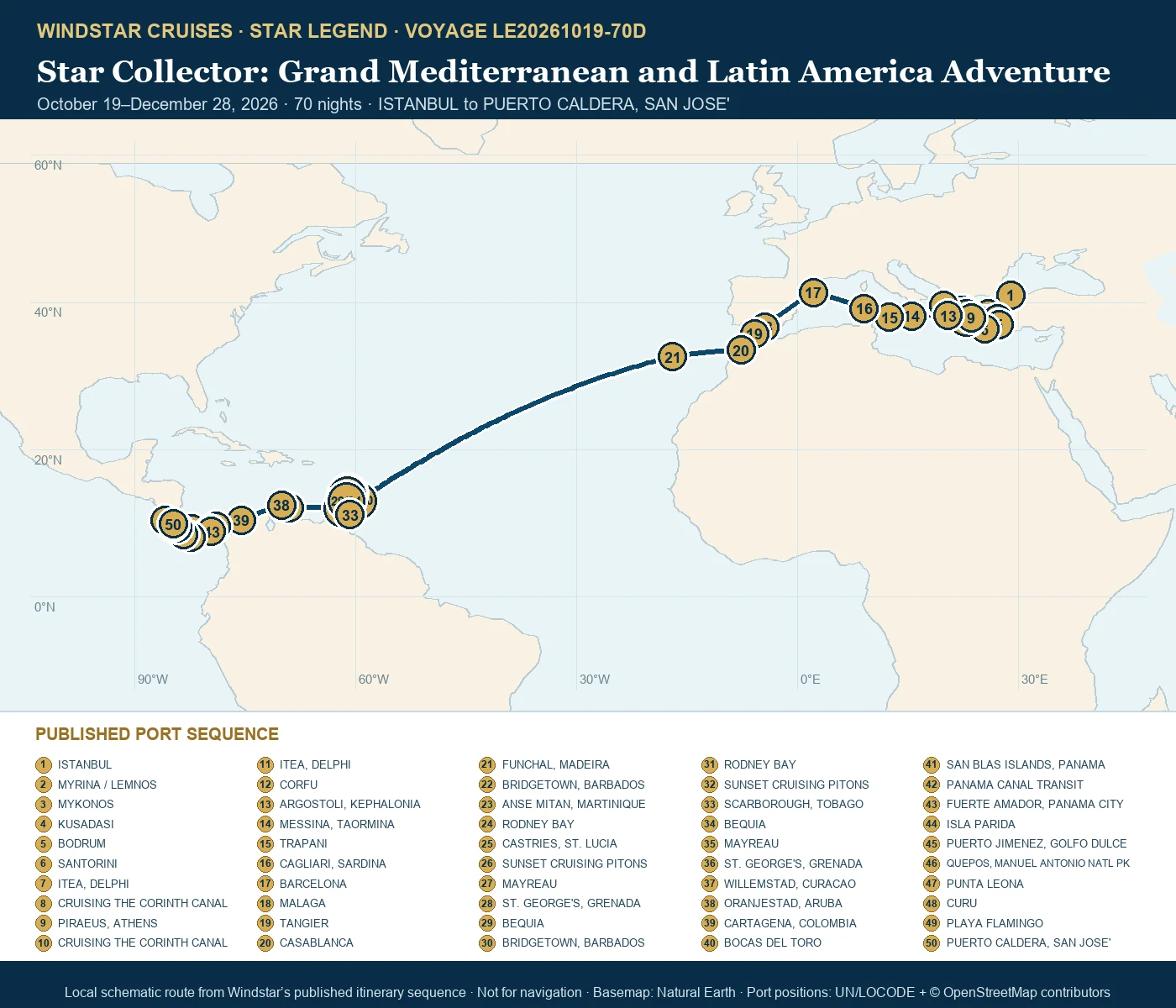 Star Legend October 19-December 28 2026 route map from ISTANBUL to PUERTO CALDERA, SAN JOSE'