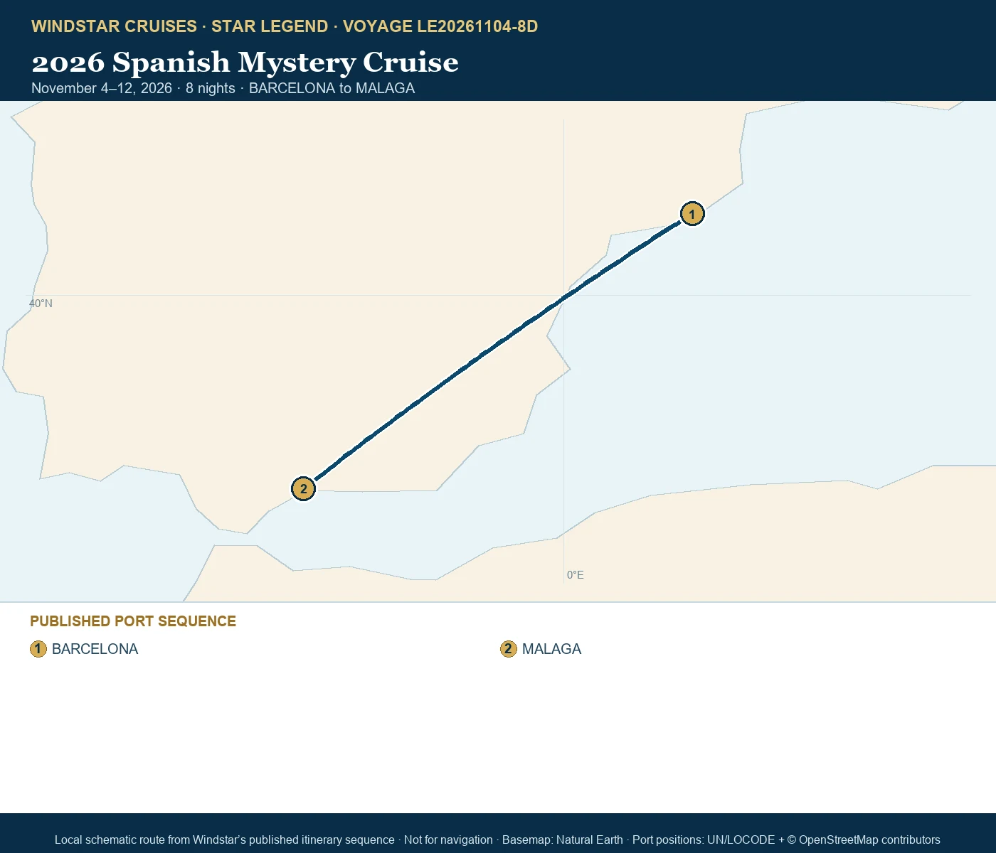 Star Legend November 4-12 2026 route map from BARCELONA to MALAGA