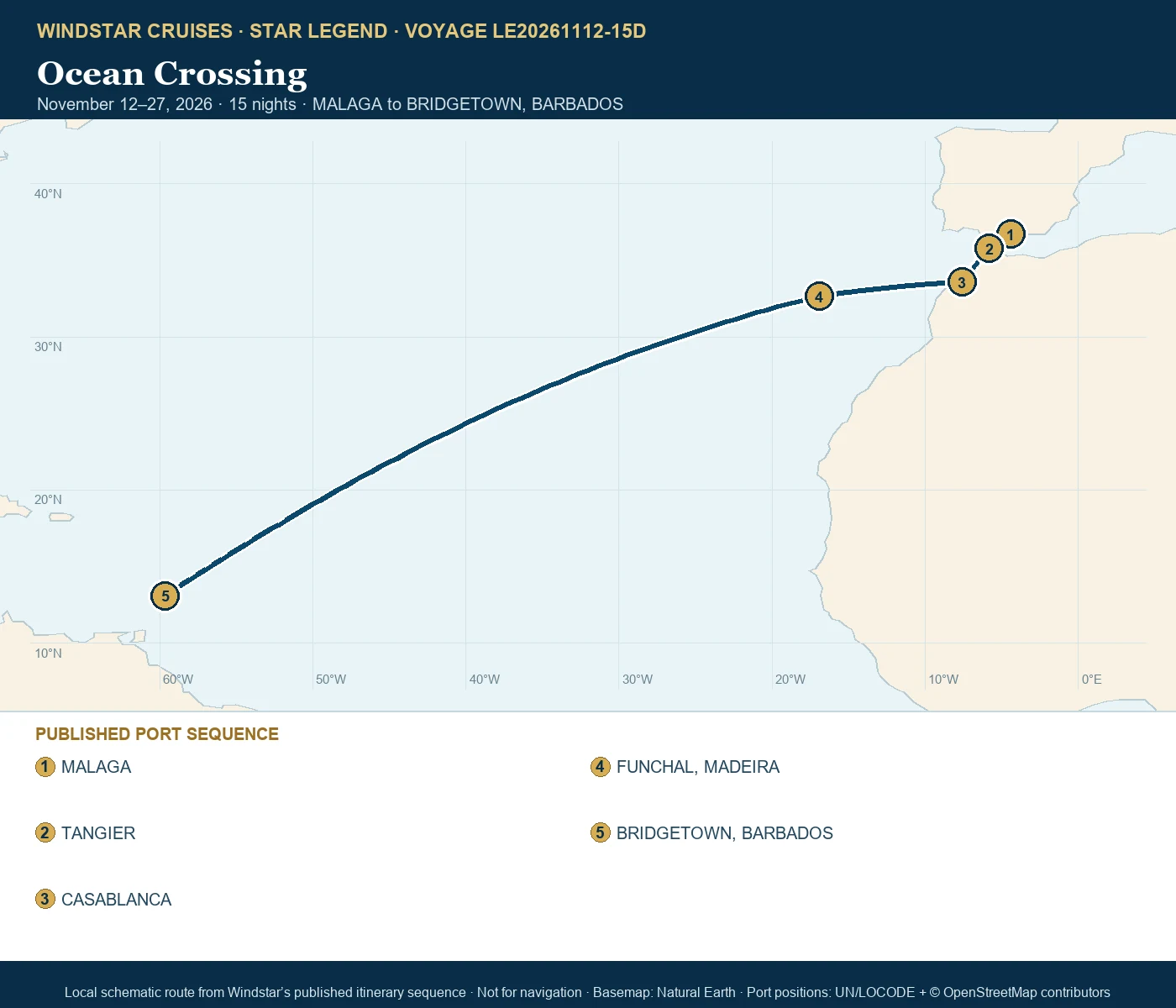 Star Legend November 12-27 2026 route map from MALAGA to BRIDGETOWN, BARBADOS