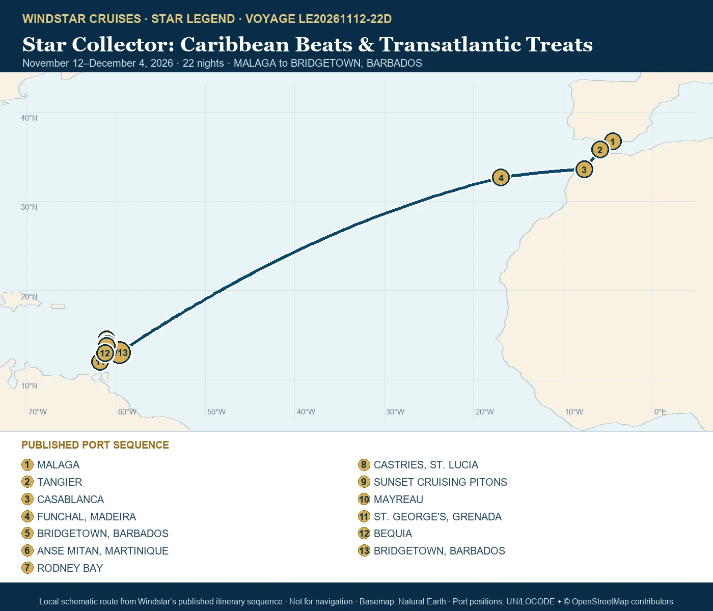 Star Legend November 12-December 4 2026 route map from MALAGA to BRIDGETOWN, BARBADOS
