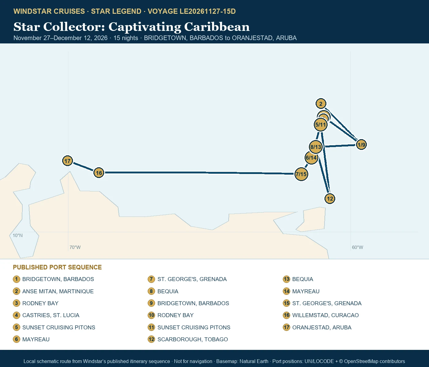 Star Legend November 27-December 12 2026 route map from BRIDGETOWN, BARBADOS to ORANJESTAD, ARUBA