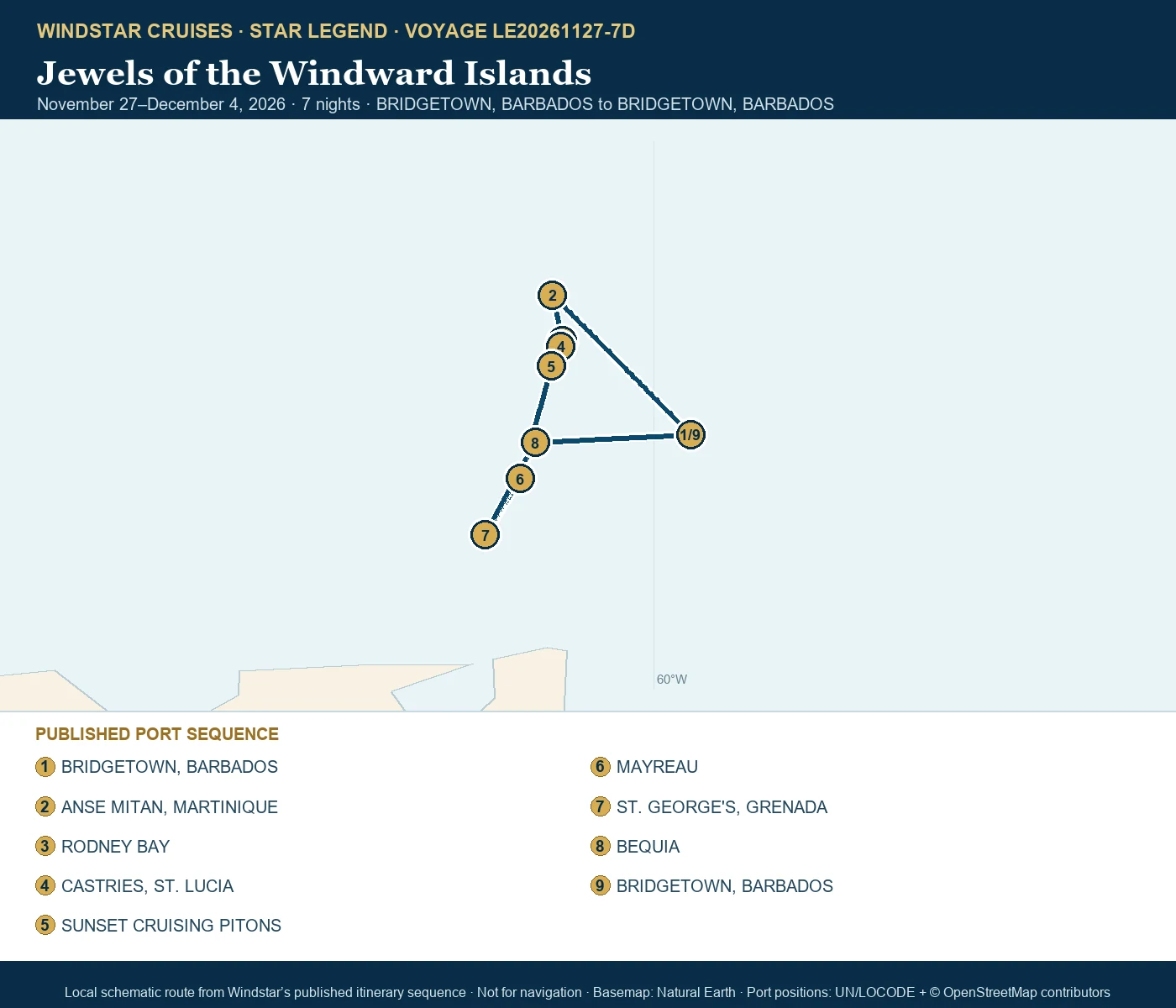 Star Legend November 27-December 4 2026 route map from BRIDGETOWN, BARBADOS to BRIDGETOWN, BARBADOS
