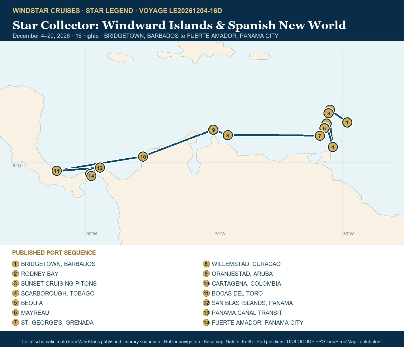 Star Legend December 4-20 2026 route map from BRIDGETOWN, BARBADOS to FUERTE AMADOR, PANAMA CITY