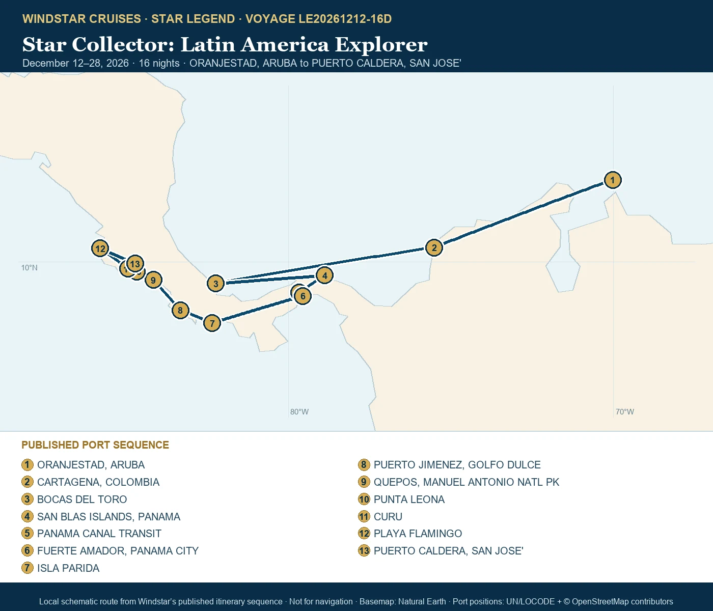 Star Legend December 12-28 2026 route map from ORANJESTAD, ARUBA to PUERTO CALDERA, SAN JOSE'
