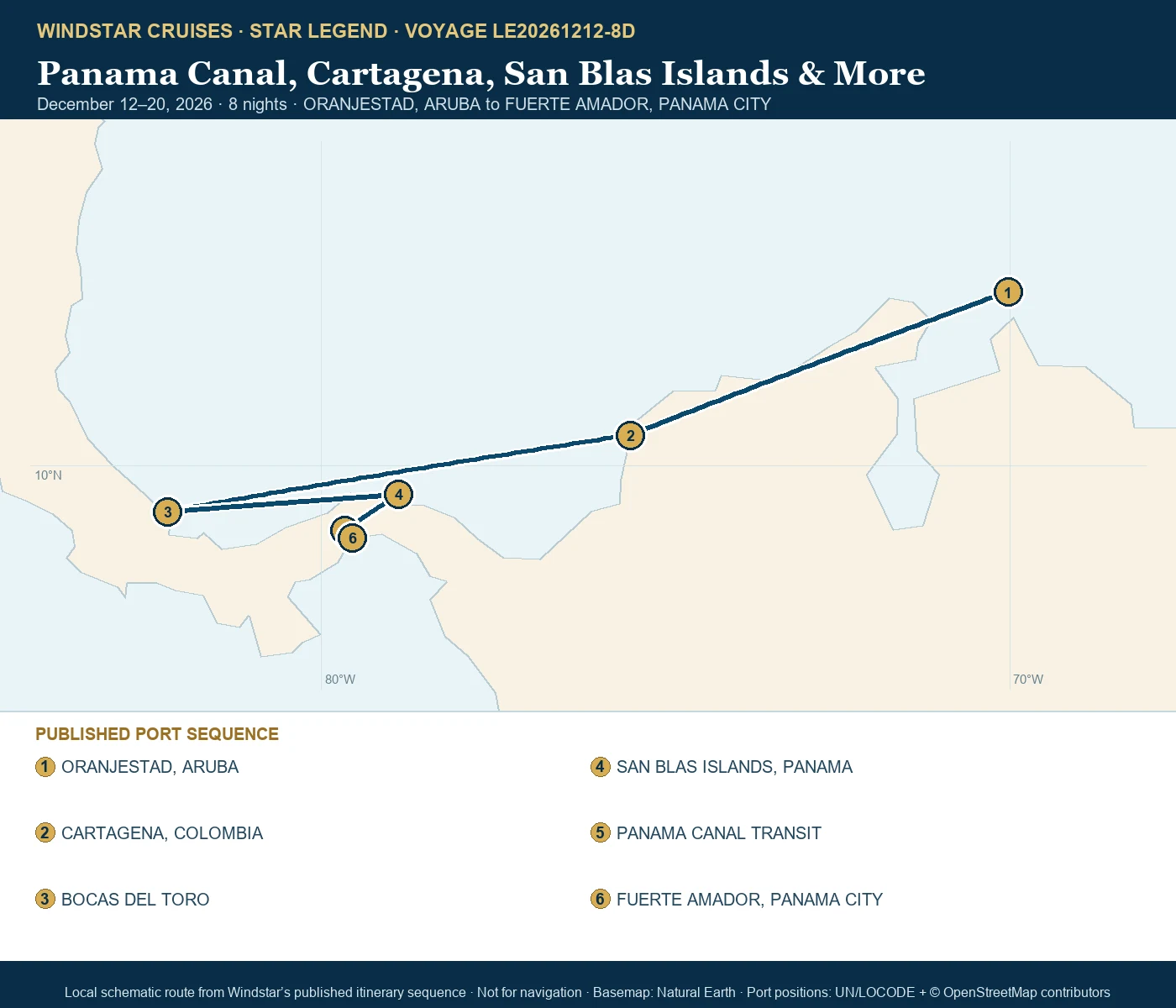 Star Legend December 12-20 2026 route map from ORANJESTAD, ARUBA to FUERTE AMADOR, PANAMA CITY