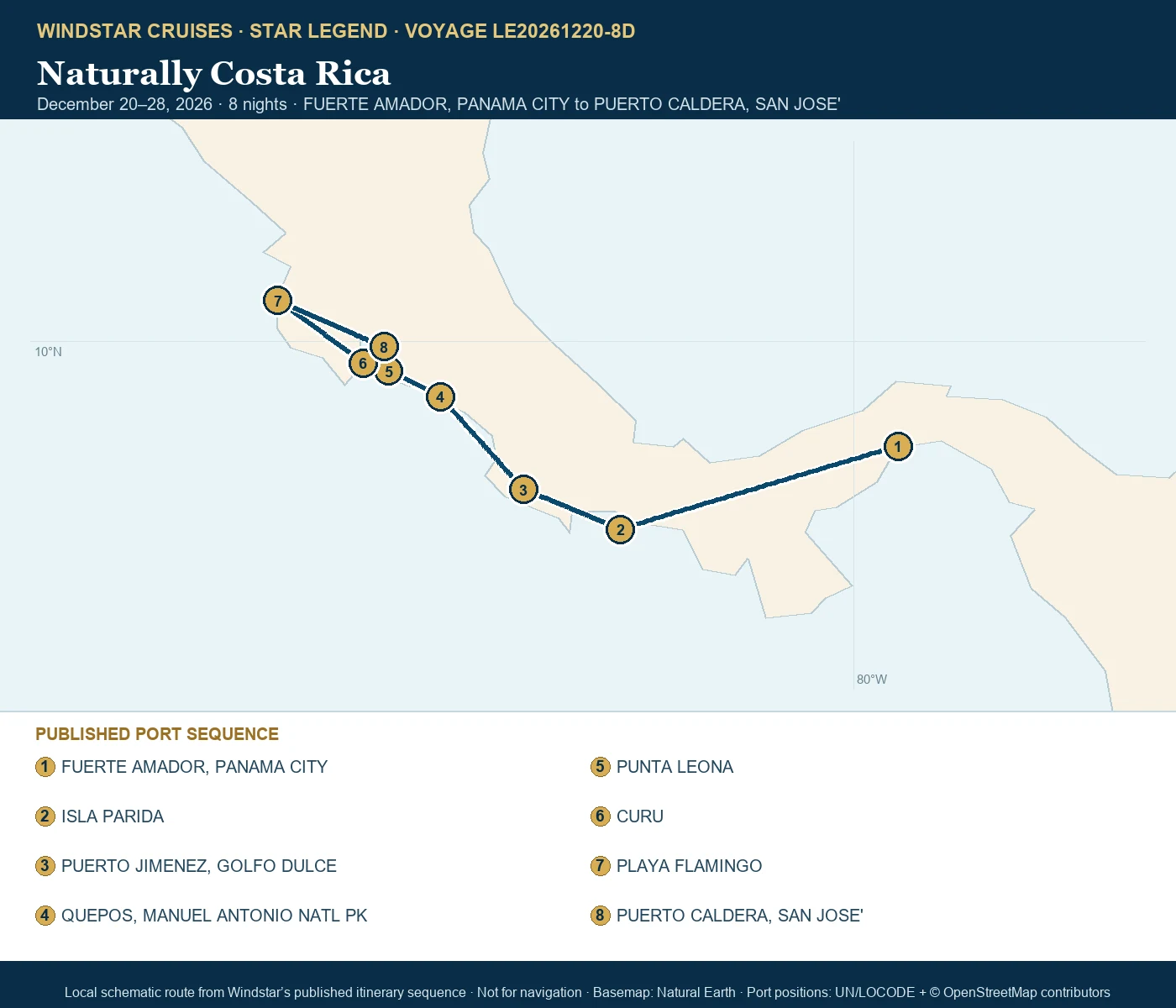 Star Legend December 20-28 2026 route map from FUERTE AMADOR, PANAMA CITY to PUERTO CALDERA, SAN JOSE'