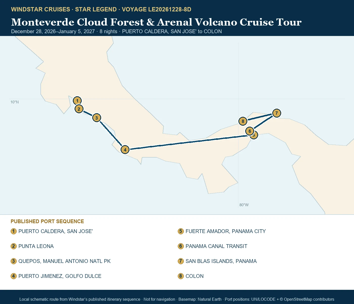 Star Legend December 28 2026-January 5 2027 route map from PUERTO CALDERA, SAN JOSE' to COLON
