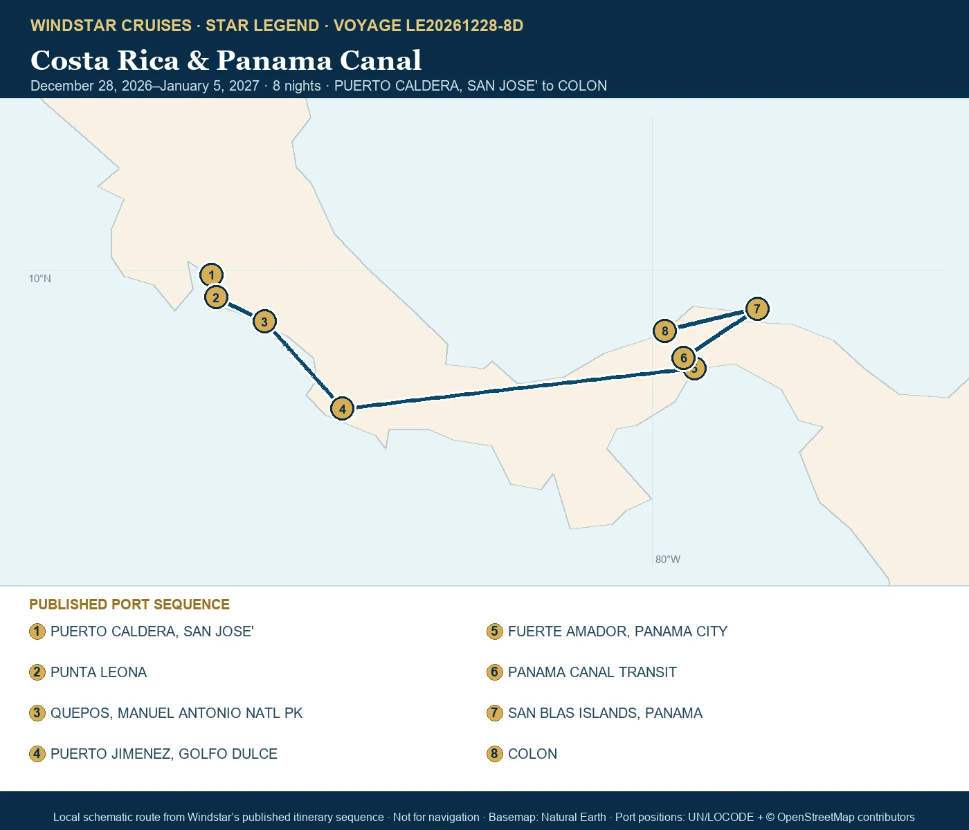 Star Legend December 28 2026-January 5 2027 route map from PUERTO CALDERA, SAN JOSE' to COLON