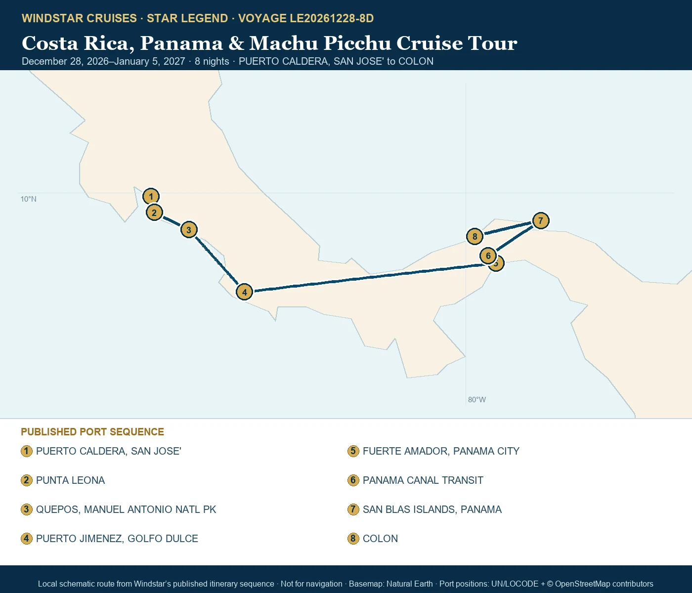 Star Legend December 28 2026-January 5 2027 route map from PUERTO CALDERA, SAN JOSE' to COLON