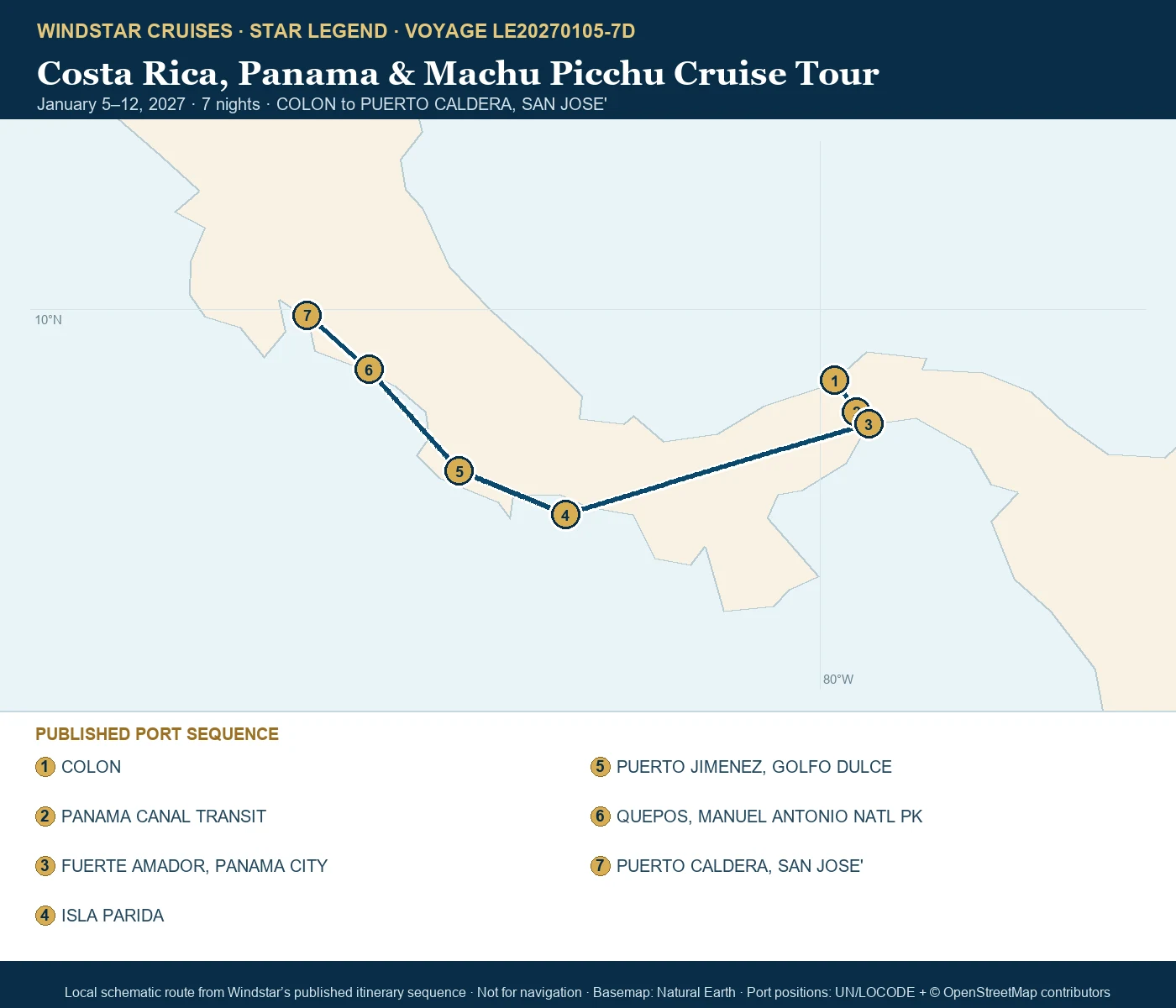 Star Legend January 5-12 2027 route map from COLON to PUERTO CALDERA, SAN JOSE'
