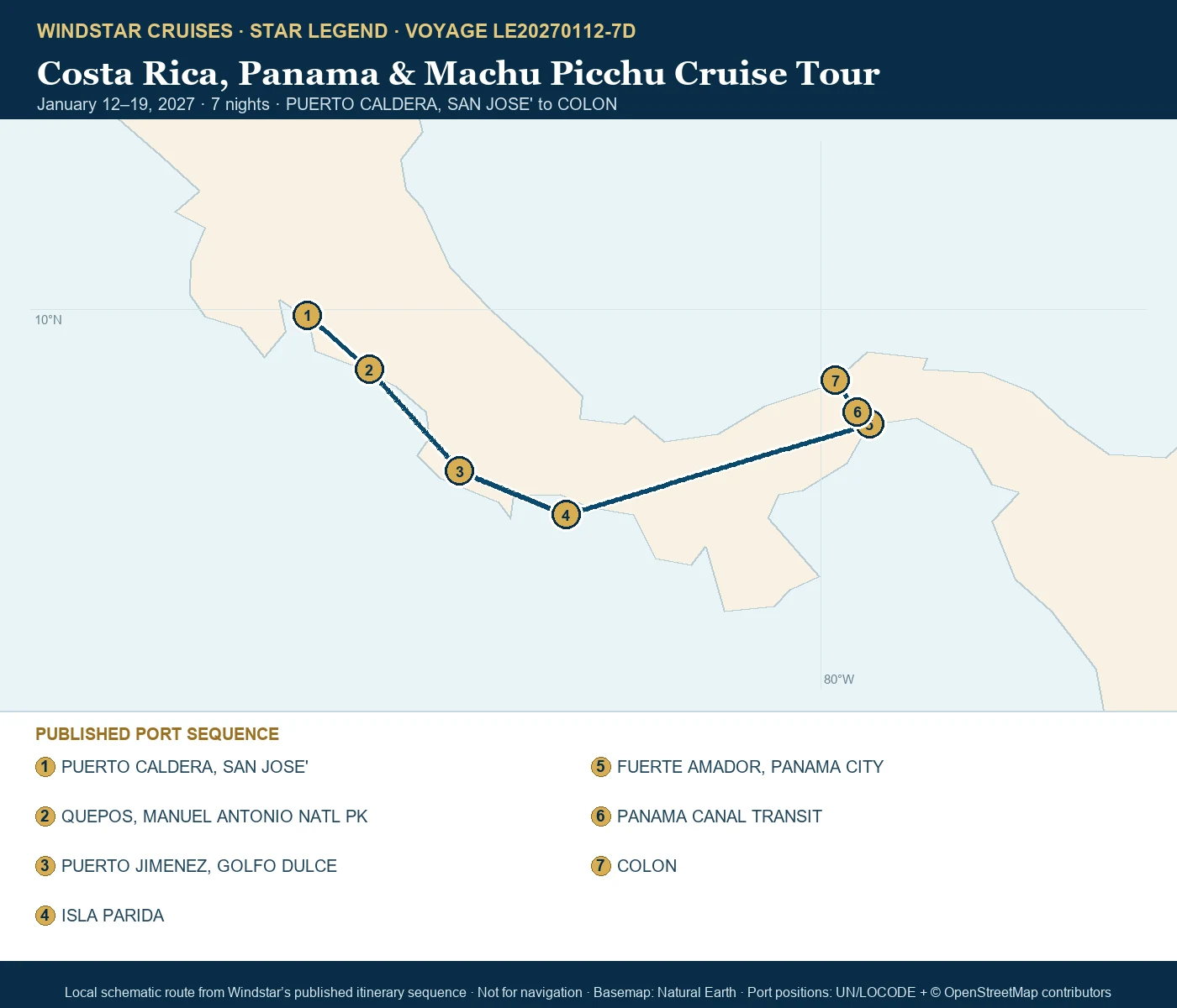 Star Legend January 12-19 2027 route map from PUERTO CALDERA, SAN JOSE' to COLON