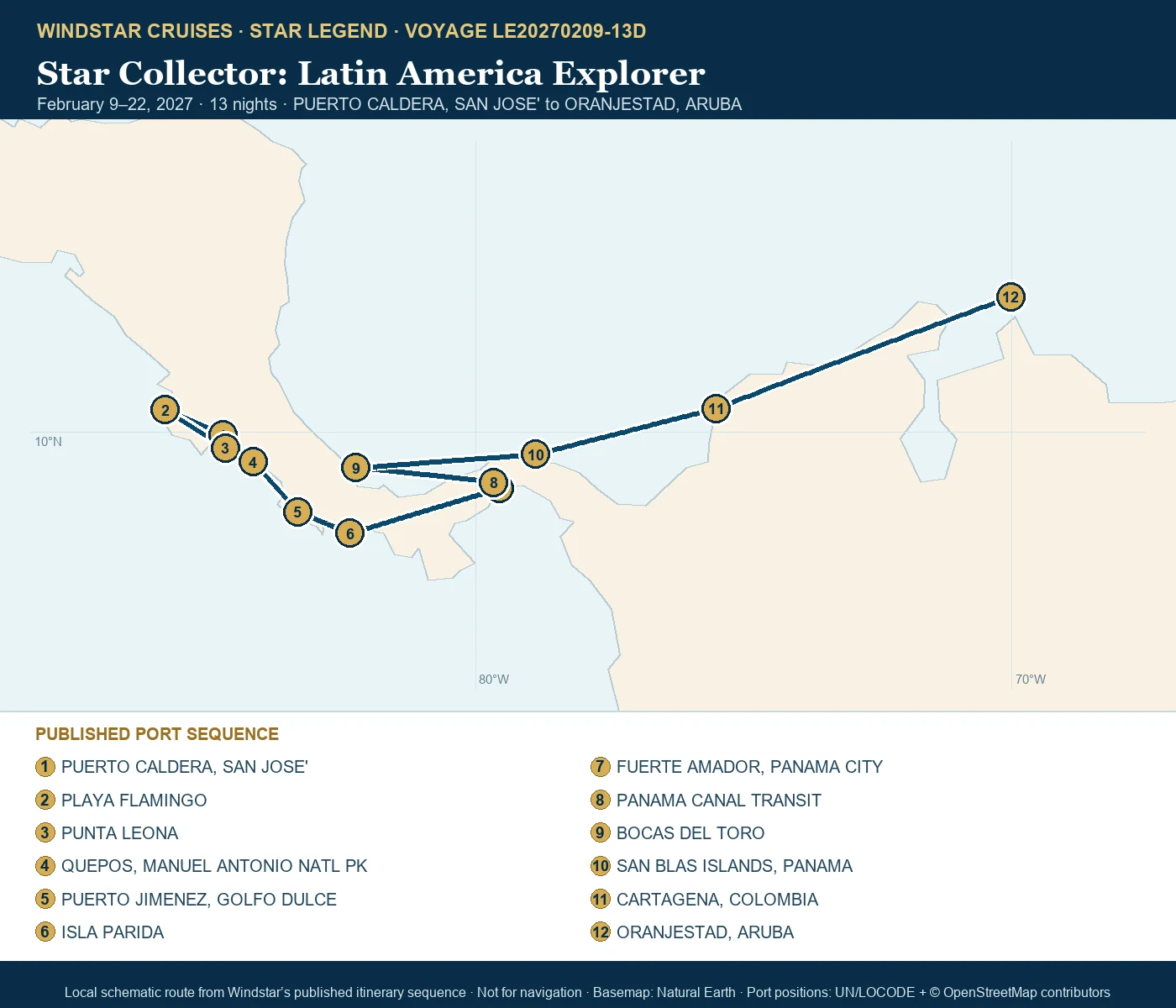 Star Legend February 9-22 2027 route map from PUERTO CALDERA, SAN JOSE' to ORANJESTAD, ARUBA