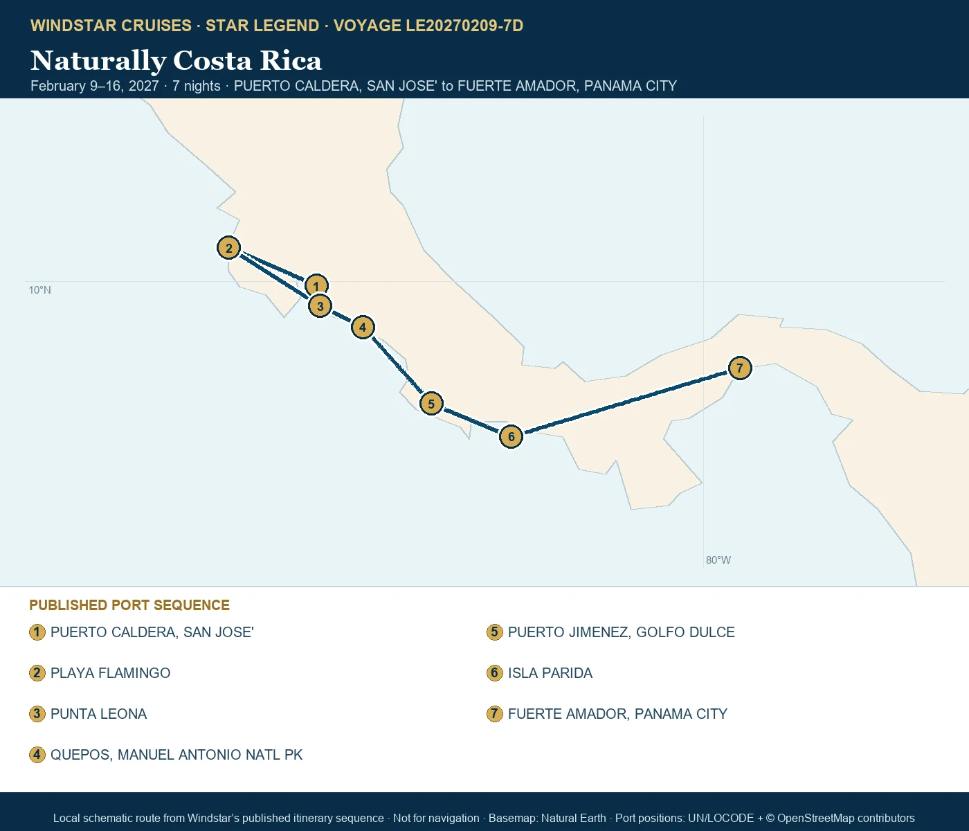 Star Legend February 9-16 2027 route map from PUERTO CALDERA, SAN JOSE' to FUERTE AMADOR, PANAMA CITY
