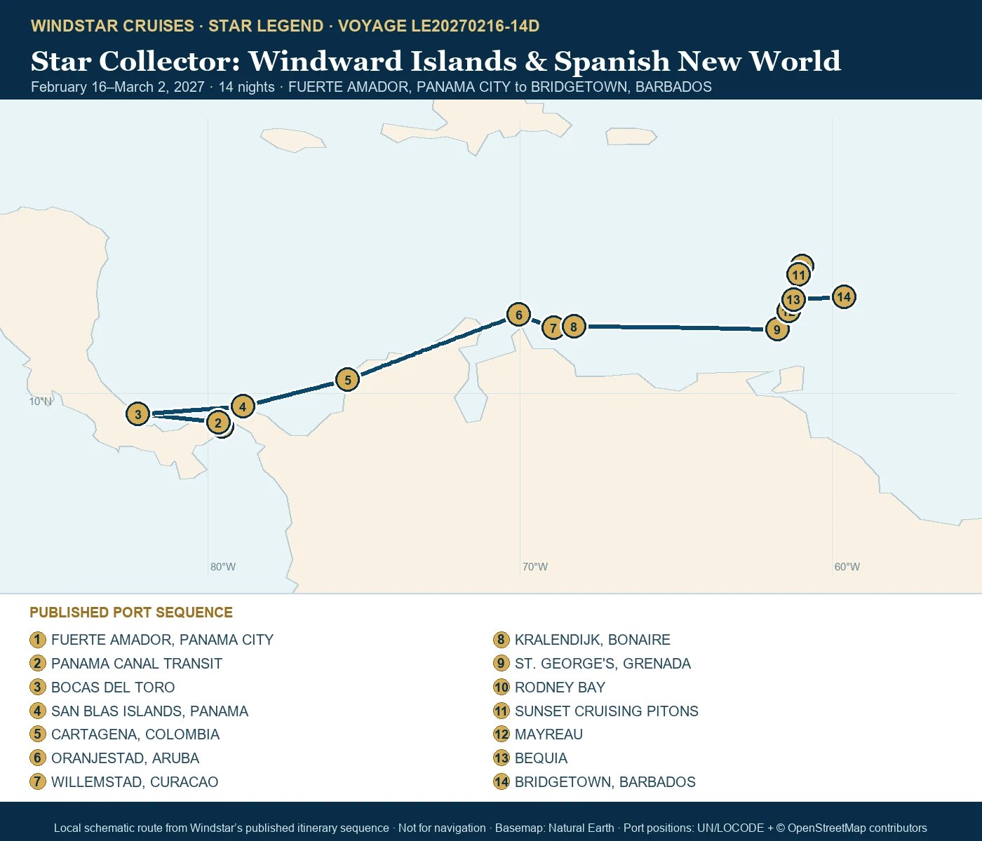 Star Legend February 16-March 2 2027 route map from FUERTE AMADOR, PANAMA CITY to BRIDGETOWN, BARBADOS