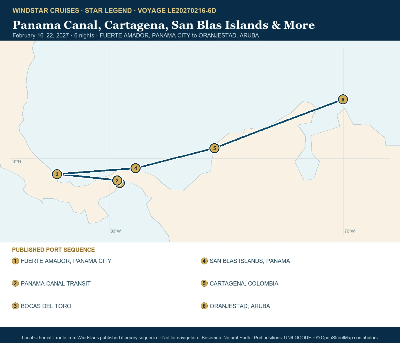 Star Legend February 16-22 2027 route map from FUERTE AMADOR, PANAMA CITY to ORANJESTAD, ARUBA