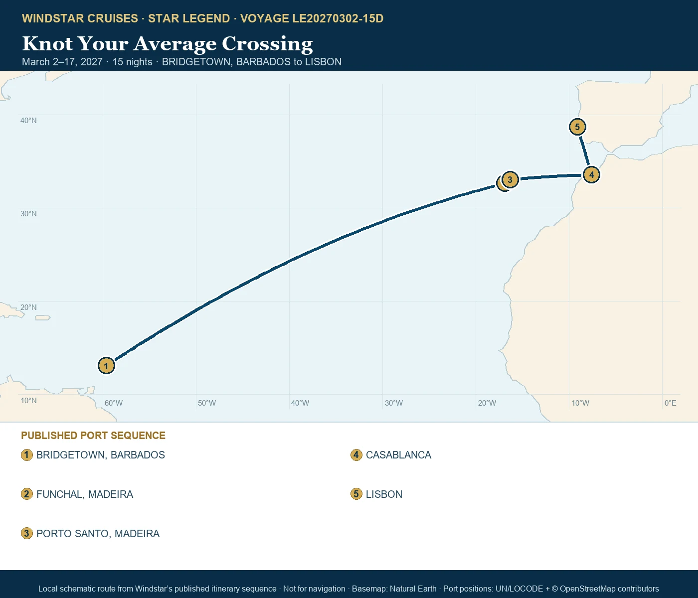 Star Legend March 2-17 2027 route map from BRIDGETOWN, BARBADOS to LISBON