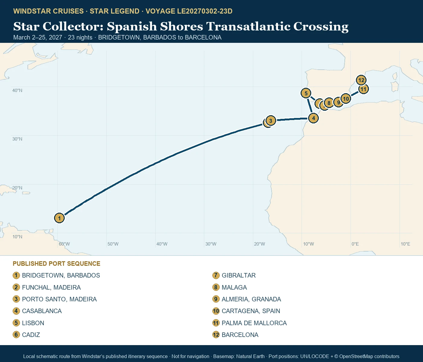 Star Legend March 2-25 2027 route map from BRIDGETOWN, BARBADOS to BARCELONA