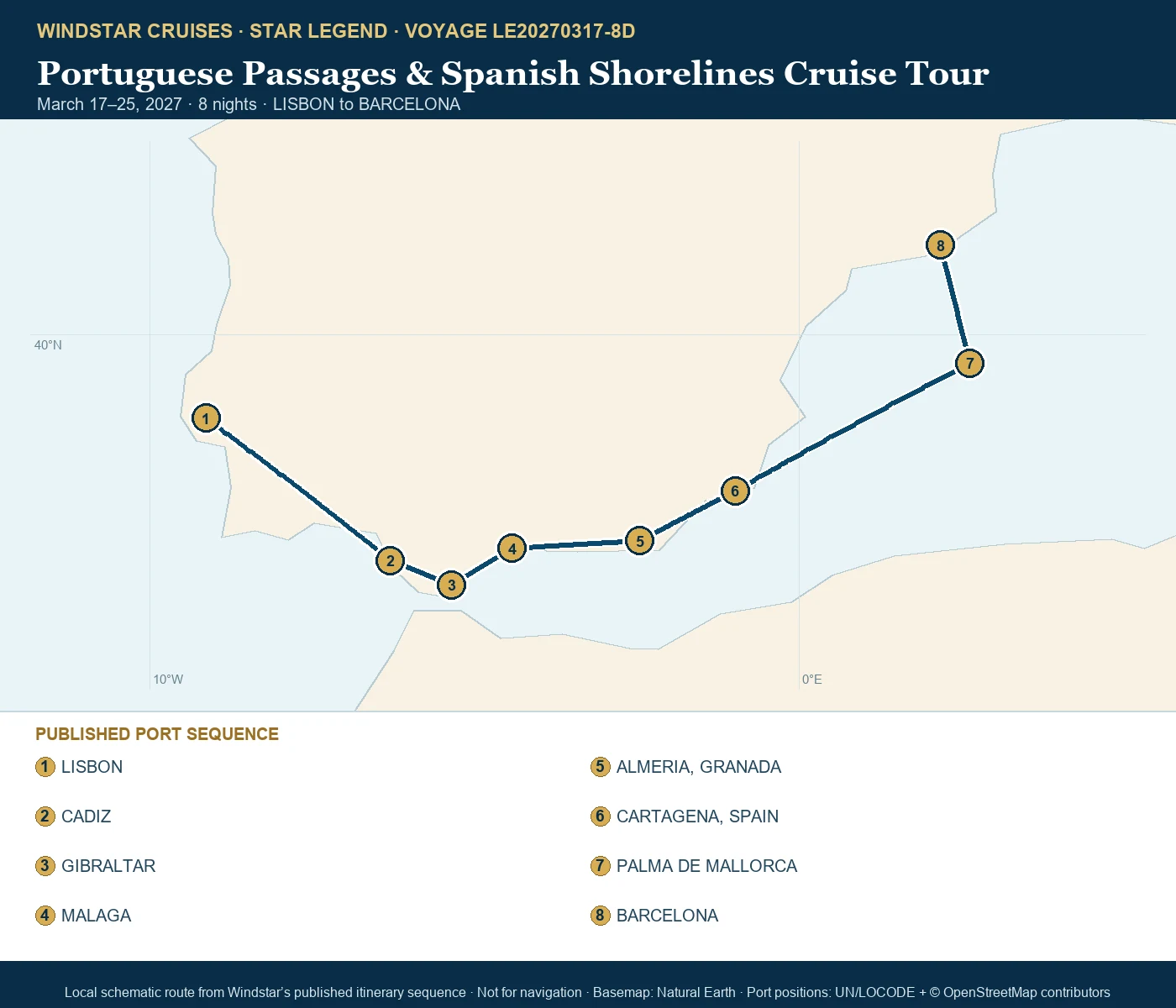 Star Legend March 17-25 2027 route map from LISBON to BARCELONA