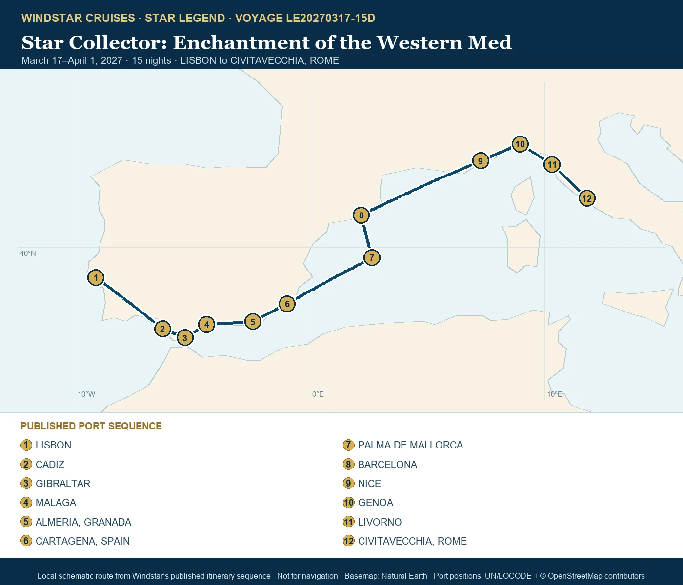 Star Legend March 17-April 1 2027 route map from LISBON to CIVITAVECCHIA, ROME