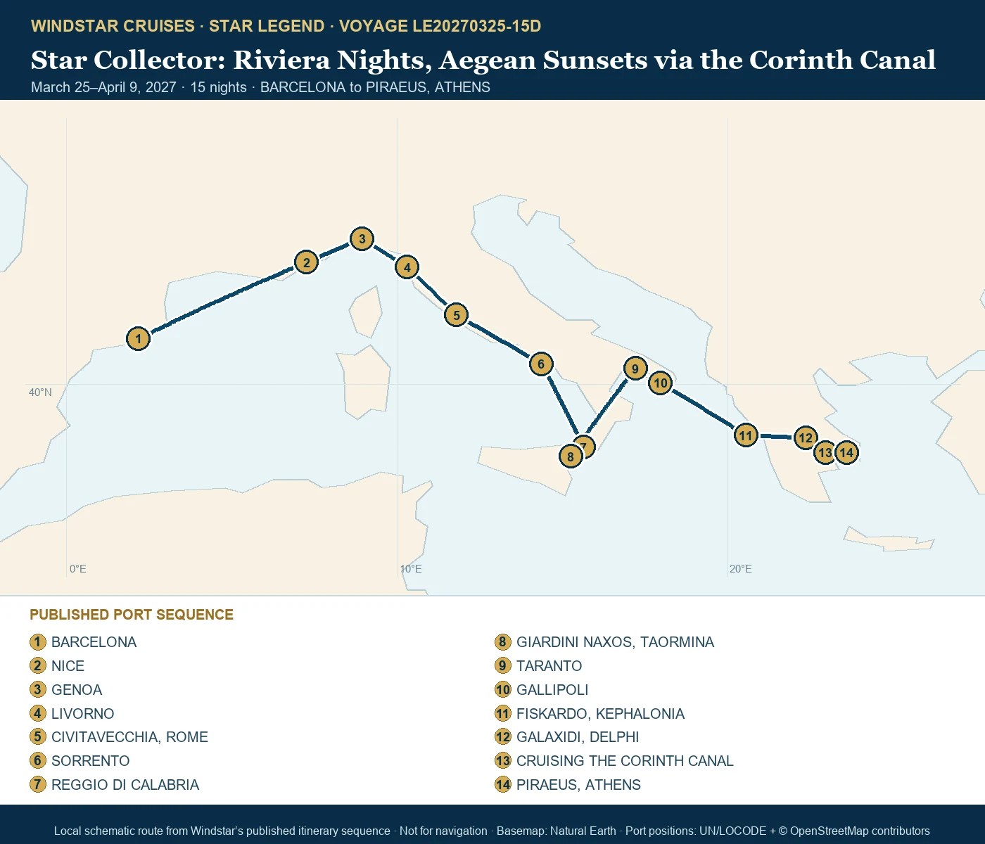 Star Legend March 25-April 9 2027 route map from BARCELONA to PIRAEUS, ATHENS