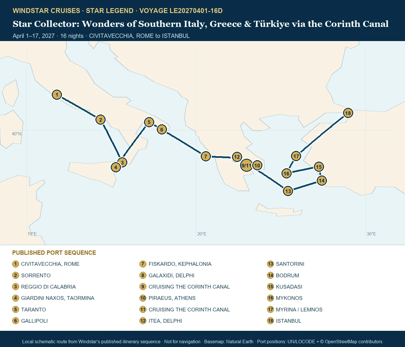 Star Legend April 1-17 2027 route map from CIVITAVECCHIA, ROME to ISTANBUL