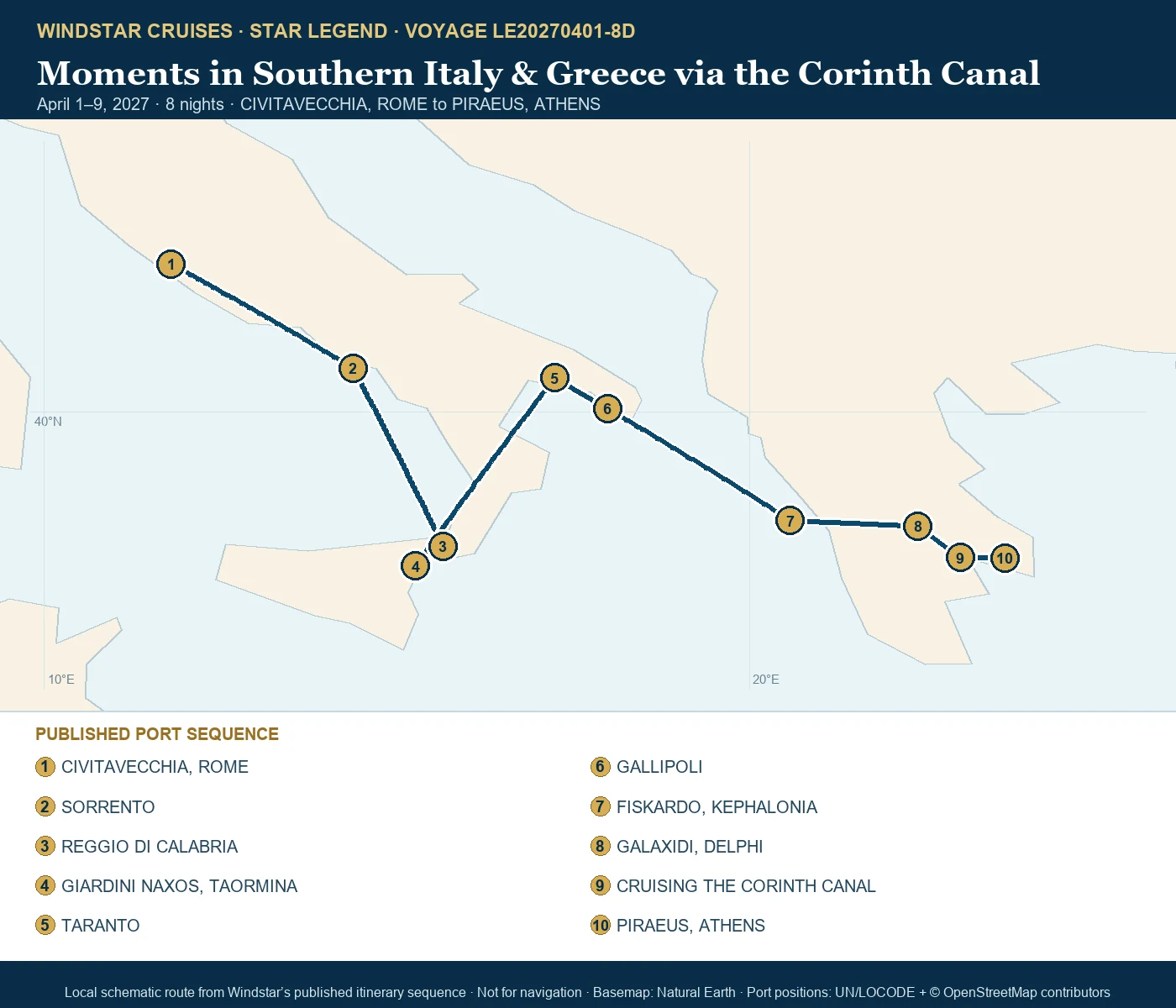 Star Legend April 1-9 2027 route map from CIVITAVECCHIA, ROME to PIRAEUS, ATHENS
