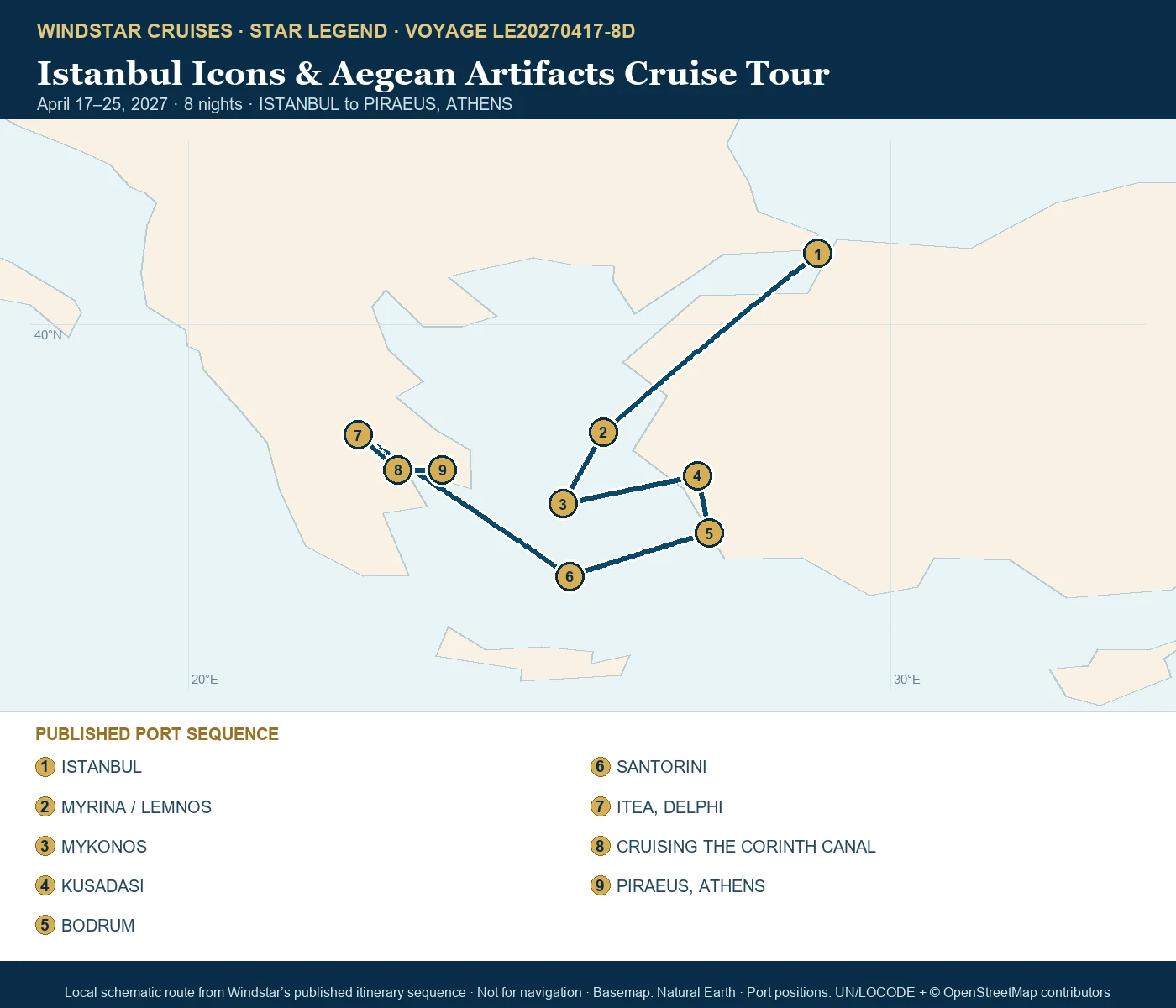 Star Legend April 17-25 2027 route map from ISTANBUL to PIRAEUS, ATHENS