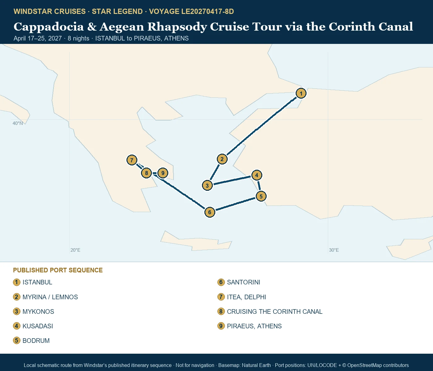 Star Legend April 17-25 2027 route map from ISTANBUL to PIRAEUS, ATHENS