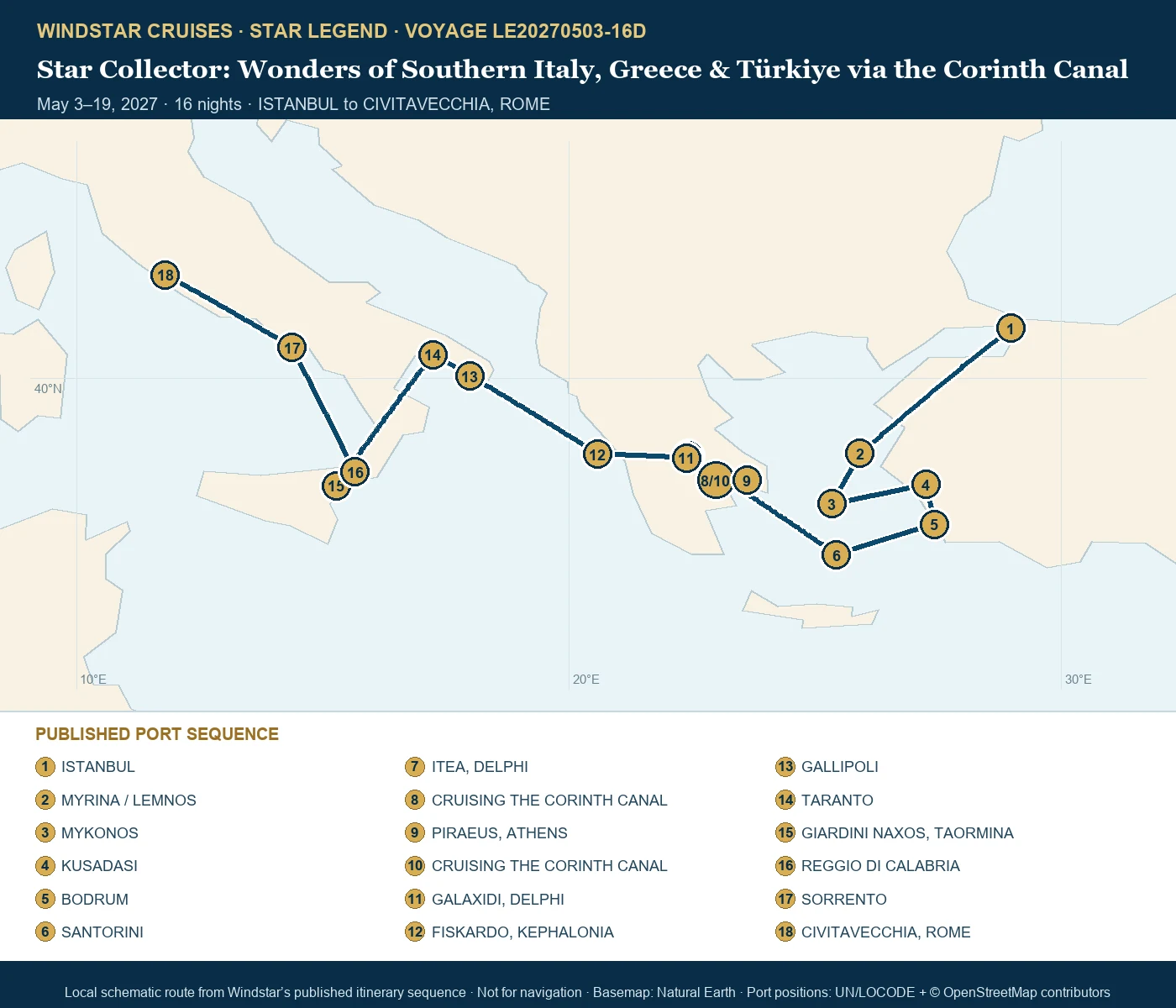 Star Legend May 3-19 2027 route map from ISTANBUL to CIVITAVECCHIA, ROME