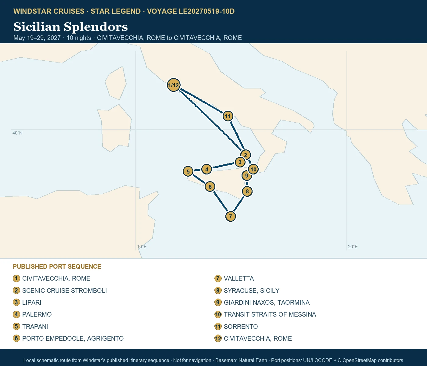 Star Legend May 19-29 2027 route map from CIVITAVECCHIA, ROME to CIVITAVECCHIA, ROME