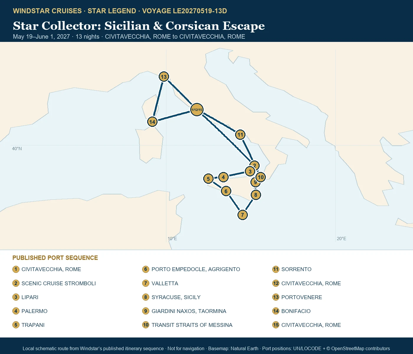 Star Legend May 19-June 1 2027 route map from CIVITAVECCHIA, ROME to CIVITAVECCHIA, ROME