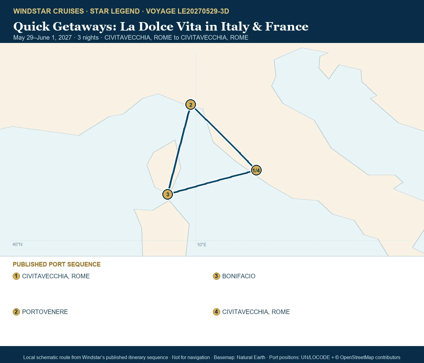 Star Legend May 29-June 1 2027 route map from CIVITAVECCHIA, ROME to CIVITAVECCHIA, ROME