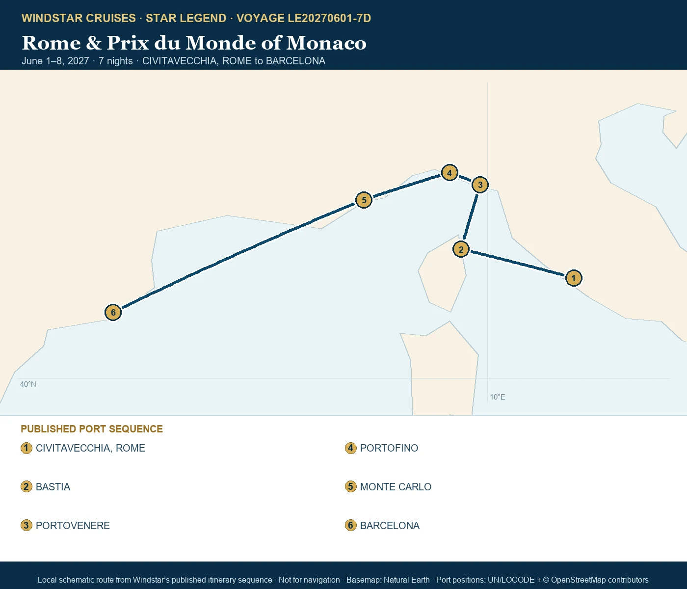 Star Legend June 1-8 2027 route map from CIVITAVECCHIA, ROME to BARCELONA