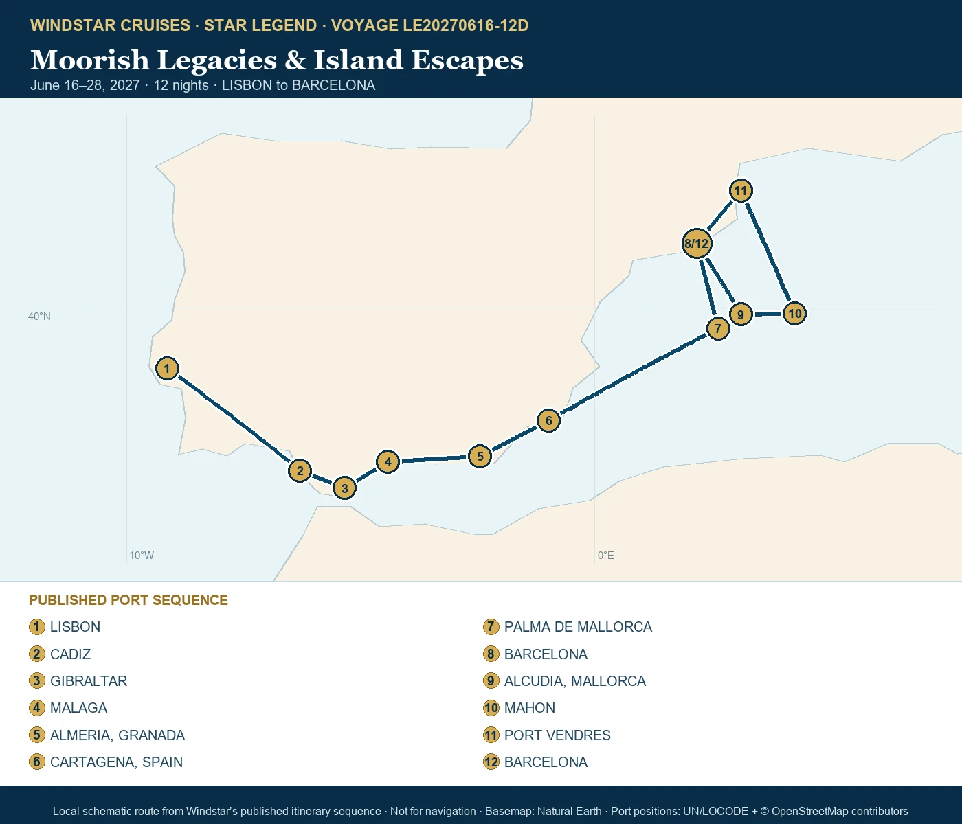 Star Legend June 16-28 2027 route map from LISBON to BARCELONA