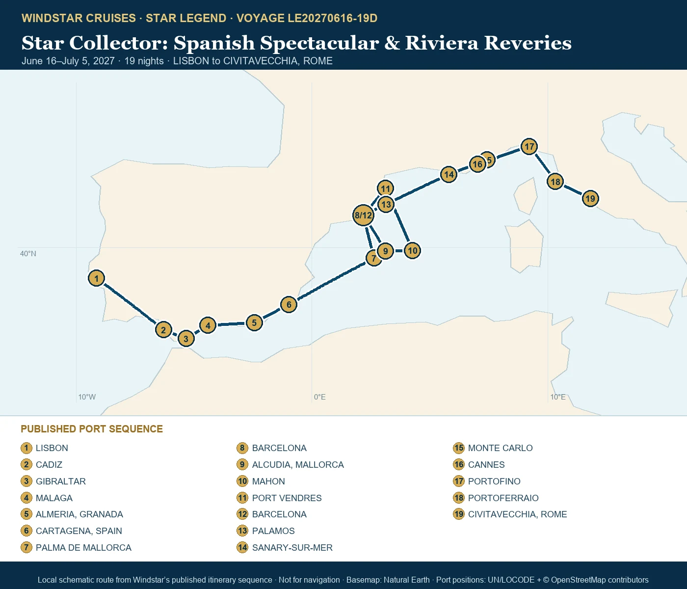 Star Legend June 16-July 5 2027 route map from LISBON to CIVITAVECCHIA, ROME