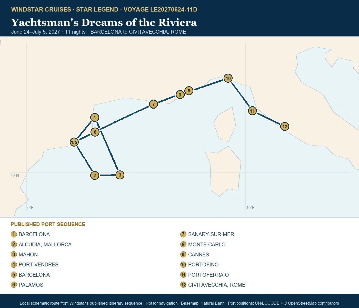Star Legend June 24-July 5 2027 route map from BARCELONA to CIVITAVECCHIA, ROME