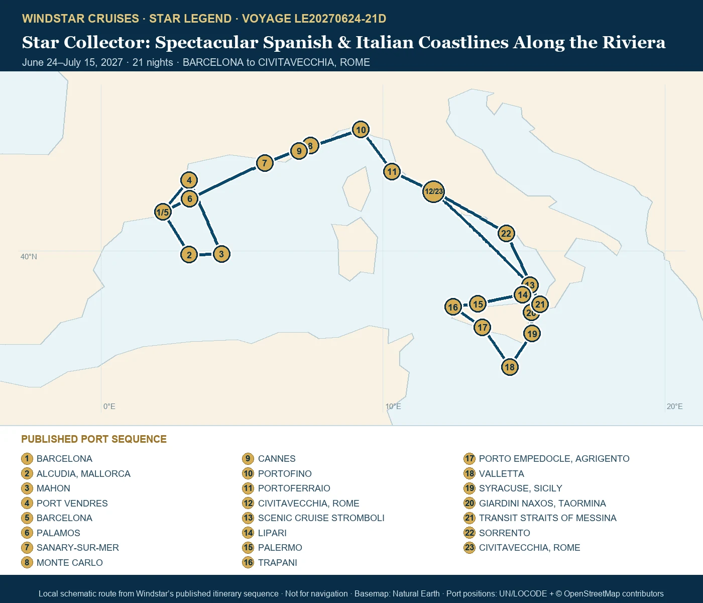 Star Legend June 24-July 15 2027 route map from BARCELONA to CIVITAVECCHIA, ROME