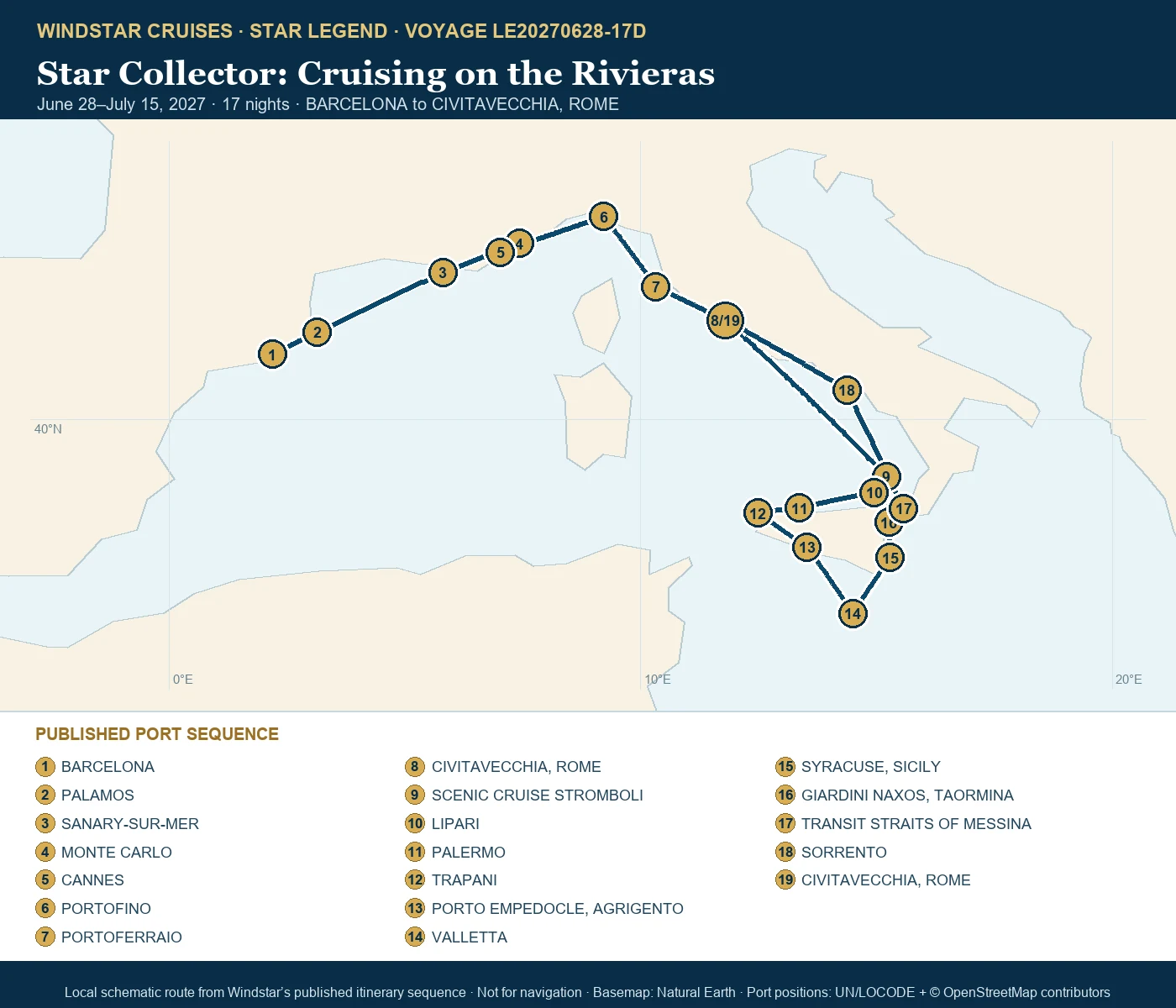 Star Legend June 28-July 15 2027 route map from BARCELONA to CIVITAVECCHIA, ROME