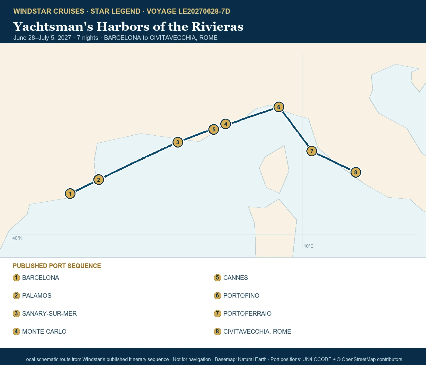 Star Legend June 28-July 5 2027 route map from BARCELONA to CIVITAVECCHIA, ROME